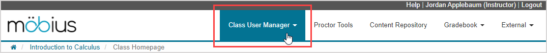 The Class User Manager menu is the first menu on the Class Homepage in the main navigation bar.